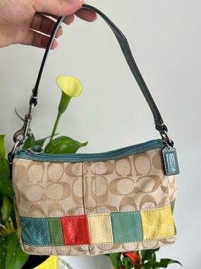 Coach Beige Signature Shoulder Bag with Multicolor Leather Patch Trim